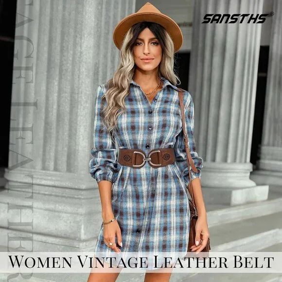 Women's Vintage Faux Leather Stretchy Wide Belt Chunky Buckle Elastic Wide Waist